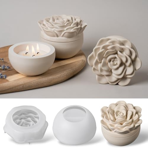 Stampi in silicone per colata con coperchio 3D a forma di camelia, stampi in gesso per la creazione di candelabri, stampo in silicone per gesso, cemento ed epossidico, contenitore fai da te, stampo