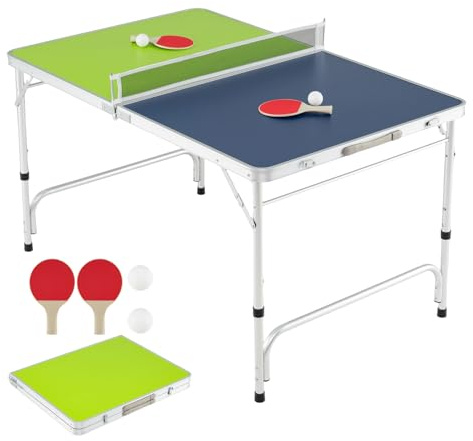 COSTWAY Folding Table Tennis Table, Portable Ping Pong Desk with Net, 2 Paddles and Balls, Indoor Outdoor Family Game Tables (Green+Blue, 120 x 78 x 65-82 cm)