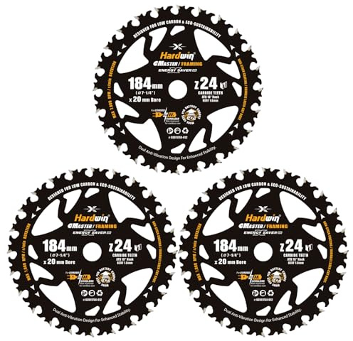 HARDWIN 3tlg. Kreissägeblätter 184x20/16mm, 24T TCT für Holz | 3 TCT-Sägeblätter mit 24 Zähnen für Holz, Sperrholz und OSB; Dünnschnitt 1,6 mm für schnelle Schnitte mit Akku-Kreissägen.