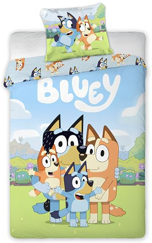 BrandMac Bluey & Family - Juego de ropa de cama para niños pequeños, funda de edredón de 100 x 135 cm con funda de almohada de 40 x 60 cm, juego de ropa de cama oficial Bluey | Diseño colorido de