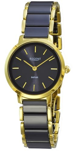 REGENT F-1628 Damenuhr Goldfarben Edelstahl Keramik Schwarz Saphirglas 30 mm Quarz Damen Uhr