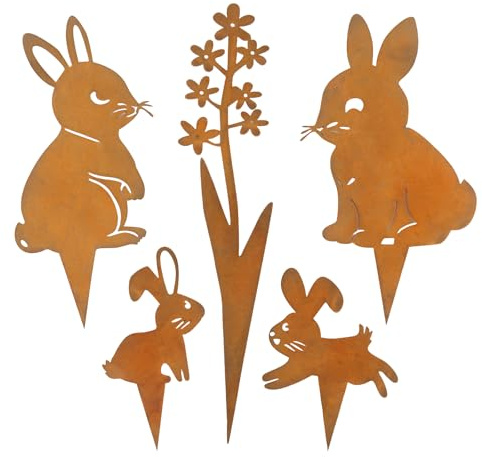 LEIMEND Osterhasen Gartendeko für Draußen 5er Set Rost Gartenstecker | Vintage Osterdeko Outdoor Kaninchen-Silhouette Osterdeko für Draußen Ostern Deko für Garten Kränze Dekoration