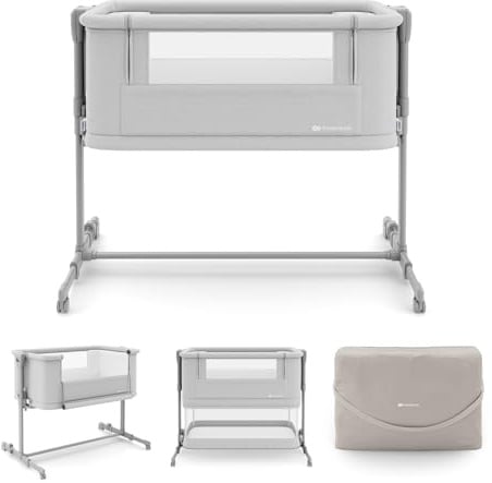 Kinderkraft NESTEE Grow 2 Beistellbett 3 in 1, Babybett, Kinderbett, 5 Höhenstufen, Matratze inklusive, Teleskopbeine, Rollen, faltbar, mit Transporttasche, Hellgrau