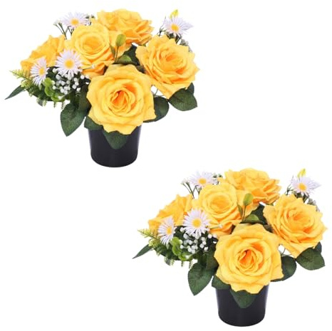 Homesecret Pack 2 Artificial Flowers for Graves in Pots 25cm | Yellow Foilage Grave Flower Pots for Christmas | Luxury Memorial Flowers for Graves, Funerals & Lasting Tributes | All Season Displays
