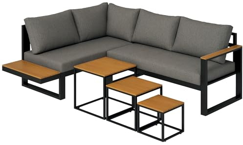 Outsunny 5-tlg. Gartenmöbel-Set mit Ecksofa, Doppelsofa, Couchtisch, Grau | Gartengarnitur inklusive Sitzkissen, Loungegruppe für Balkon und Terrasse, Balkonmöbel-Set