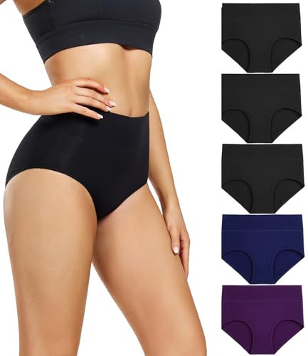 wirarpa Culottes Gainante Femmes Coton Taille Haute Slips, 3noir,1bleu, 1violet-lot de 5, 46-48,L