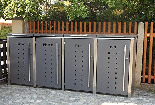 Boxen-Factory KG 4er Edelstahl Mülltonnenbox für 240 Liter Tonnen in Dunkelgrau DB703 mit Klappdach
