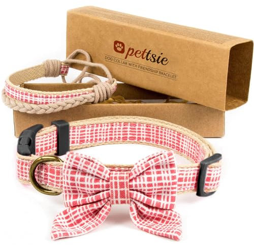 Pettsie Hundehalsband mit Fliege und Freundschaftsarmband, Größen S und M, Komfortables Designer Hanf, stark und langlebig, tolles Geschenk für Hundeliebhaber in attraktiven Verpackung, M, Rosa