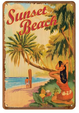 Sonnenuntergang Strand Hawaii – Oahu North Shore – Surfer – Vintage Hawaii-Reise-Poster von Rick Sharp – 20,3 x 30,5 cm Vintage Holzkunst Schild