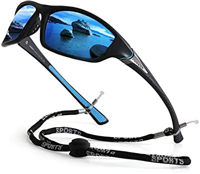 yoofun Polarized Sports Sunglasses for Men Driving Cycling Fishing Sun Glasses 100% UV Protection with Glasses Rope Strap, Black&Gun/Blue