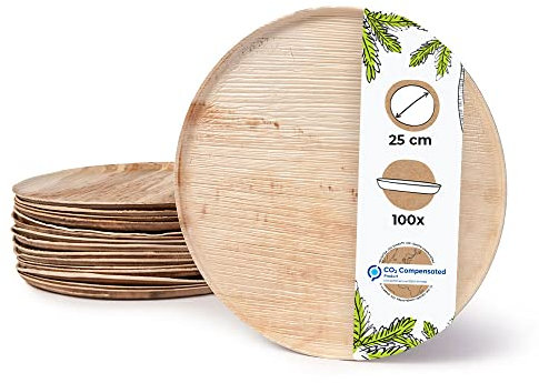 BIOZOYG 100x assiettes à pizza en feuille de palmier Ø 25 cm rondes - planche à pizza jetable avec bord, assiette compostable - vaisselle durable