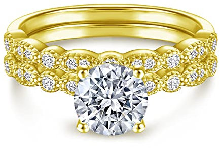 Gualiy Ring Damen Verlobungsring, Ringe Silber Ausgefallen, Gold Volljuwelen 2-Ring-SetVerlobungsring 52 (16.6)