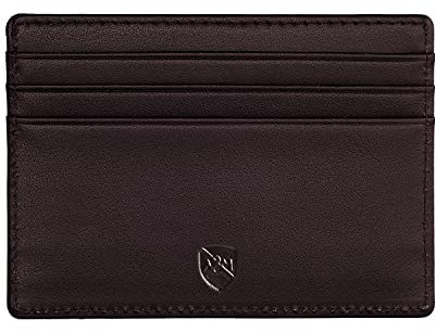 ALLEN & MATE 100% Leather Minimalist Wallet – Slim RFID Blocking Card Holder for Men & Women – Holds 6 Cards & Cash (Brown)