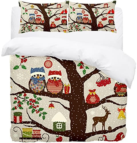 Weihnachtliche Eule Winter Bettwäsche Doppelbett Bettwäsche Set - Weiche Mikrofaser Bettbezug mit Kissenbezügen - Bettwäsche Bettbezug Set
