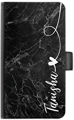 Personalised Initials Phone Case White Heart Side Name on Black Marble PU Leather Side Flip Wallet Phone Cover for Apple iPhones, 16, 15, 14,13, 12, 11, Pro Max, Mini, XR, XS, SE