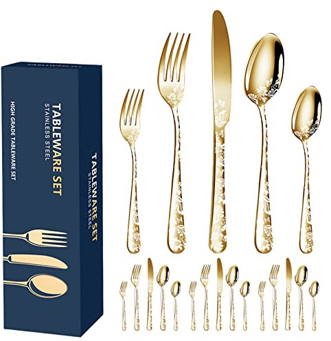 20pcs Platthandel Serving -sets Silberwaren Set Castlery Set Edelstahl Tabelle Geschirr Muster Edelstahl Tableware Western Steak Messer Fork Gabel Löffel Set Serving -utensilien für Partys