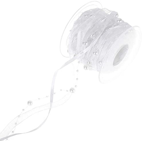 Wambere 10m Perlengirlande mit Organzaband,künstliches Perlenband Chiffonband und Organza-Spitzenband für Hochzeit, Blume, Weihnachtsbaum, Dekoration, Nähen, Basteln, Verpackung,Weiß