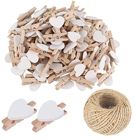 Lot de 100 Mini Pinces à Linge en Bois Blanches en Forme de cœur, Multicolores, 3 cm