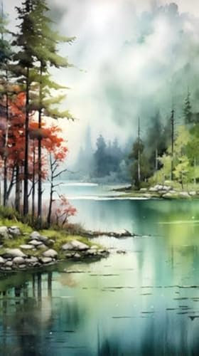 adrium Acryl-Bild 30 x 50 cm: Aquarelllandschaft mit See, Wald und Bäumen. Digitale Zeichnung. (204000488)