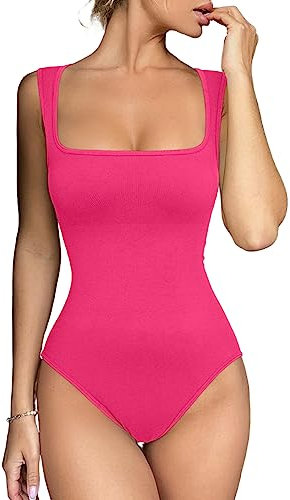 Meyeeka Body sexy sans couture à col carré sans manches avec bretelles fuselées pour femme, rose rouge, Large