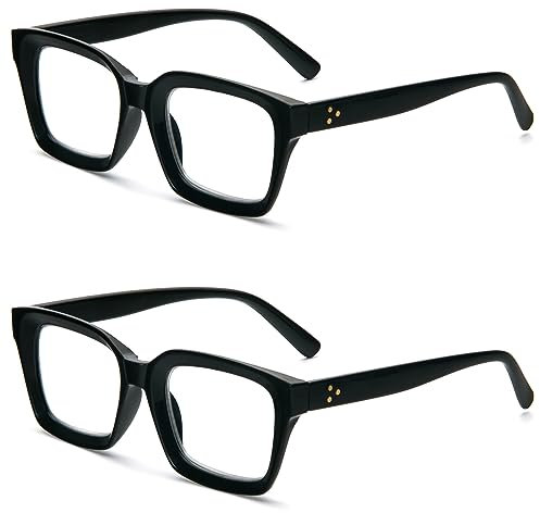 MMOWW 2-Pack Oversized Reading Glasses for Women - Anti Blue Light Glasses with Square Frame (Black, +1.5)