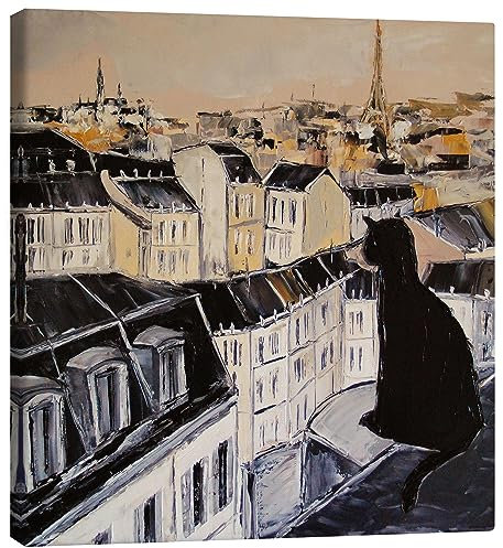 Posterlounge Chat noir sur les toits de Paris Tableau sur toile de JIEL 70 x 70 cm Tableaux Décoration murale