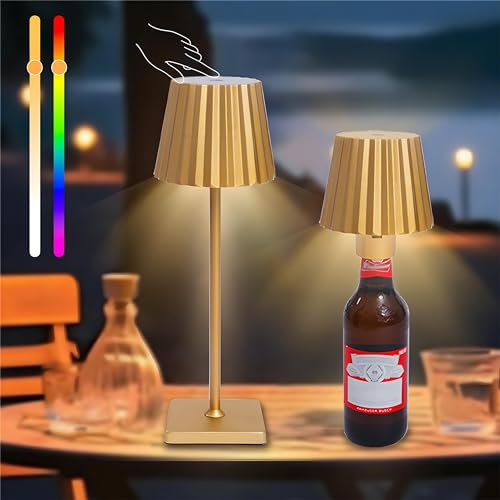2 In1 Flaschenlampe Aufsatz LED, Tischlampe Kabellos Flaschenlampe Dimmbare IP54 Kabellose Touch Tischlampe, 3 Color+RGBW Touch Flaschenlicht Für Innen Und Außen Restaurant & Bar (B, Gold)