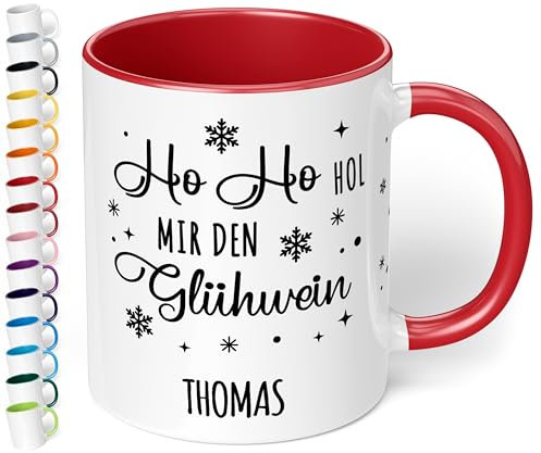 True Statements Lustige Weihnachtstasse mit Namen „Ho Ho hol mir den Glühwein“ - 330ml - personalisierter Keramik Kaffeebecher mit Spruch – Geschenk zu Weihnachten (Rot)