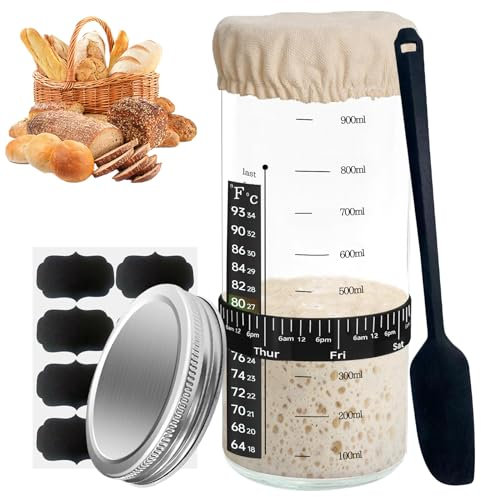 WINUSD Sauerteig Starter Set, 1000ML Sauerteig Starter Glasgefäß mit Aluminium-Deckel, Kreidetafel Etiketten, Fütterung Tag & Zeit Tracker Band, Thermometer, Silikonschaber, genäht Tuch Abdeckung