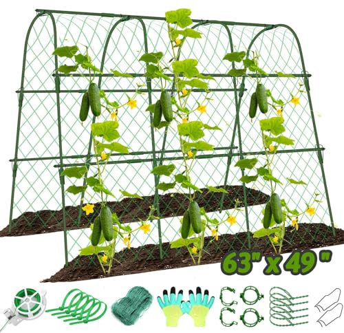 Qinzave 160 x 124 cm Gartengurkenspalier für Kletterpflanzen im Freien, U-Form Gurken Rankgitter für Hochbeete mit Kletternetz, Metall Abnehmbarer Gartenbogen Rankgitter für Gurken Tomaten Erbsen