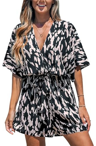 CUPSHE Damen Jumpsuit V-Ausschnitt Kurzarm Strampler Leopardenmuster Weites Bein Kurz Overall mit Gürtel Casual Lose Playsuit Schwarz M