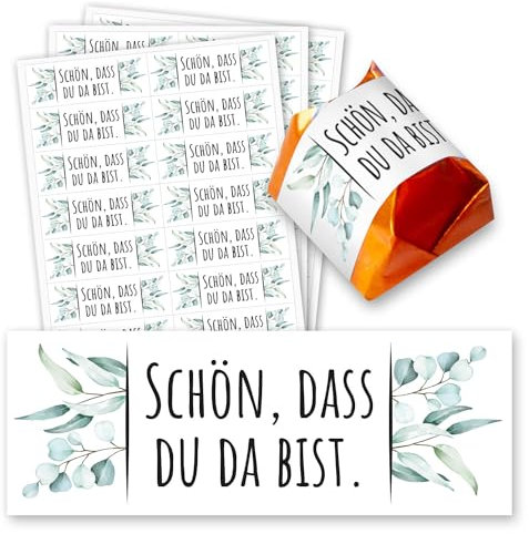 Schön, dass du da bist Aufkleber - 60 Stück - Gastgeschenk passend für Küsschen I Eukalyptus I Rechteckig I dv1424