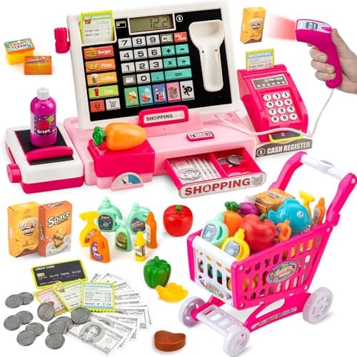 Spielkasse mit Einkaufswagen – Interaktive Kaufmannsladen-Kasse mit Musik, Scanner & echtem Taschenrechner. Lernspielzeug ab 3 Jahren Mädchen (Rot-Rosa)