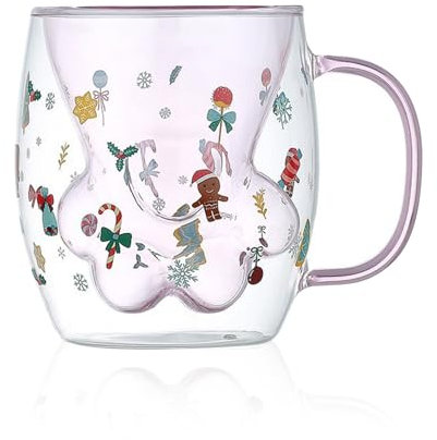 NCONCO Tasses mignonnes en verre à double paroi en verre de 250 ml, tasse de Noël, tasse à café et à thé, motif patte de chat, tasse avec poignée, cadeau pour Noël, anniversaire, Saint-Valentin