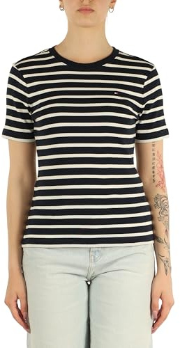 Tommy Hilfiger Damen T-Shirt Kurzarm Slim Cody Rundhalsausschnitt, Mehrfarbig (Dark Night Navy/Ecru STP), L