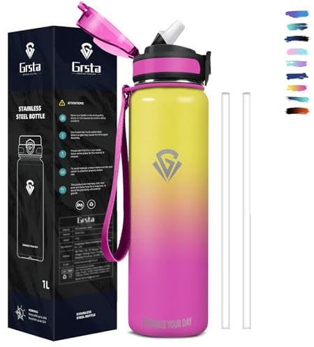 Grsta Gourde, Gourde Isotherme 1l, Gourde avec Paille sans BPA, Gourde Inox, Double Paroi Isolante, Gourde Reutilisable, Facile à Nettoyer, Bouteille pour École, Bureau, Outdoor, Sport
