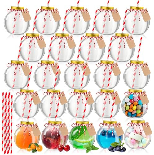 Yaomiao 24 Pcs 16 oz Plastic Bowls Christmas ornaments for Drinks with Aluminum Lids and Paper Straws Clear Spherical Bulb Cups for Candy, Centerpieces, Christmas Party Gift Crafts Decorations