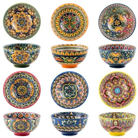 6 Petits Bols à Dessert en Céramique, Petits Bols pour Riz/Dessert/Soupes, Bols à Collation, Bols à Riz, Micro-ondes et Lave-vaisselle Convient, Style Bohème – Multicolore