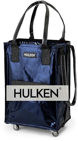 HULKEN - (Klein, Dunkelblaue) Wiederverwendbare Einkaufstasche auf Rädern. Der Einkaufswagen trägt bis zu 15 kg, hat robuste Griffe, einen Reißverschluss und ist flach, leicht und zusammenklappbar.