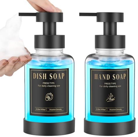 Luxspire Schaumseifenspender, Glasschaum-Pumpseifenspender, Rutschfester Handseifenspender mit 5 wasserfesten Etiketten, 450ml/15oz nachfüllbarer Flüssigseifenspender für Bad & Küche, Klar, 2 Stück