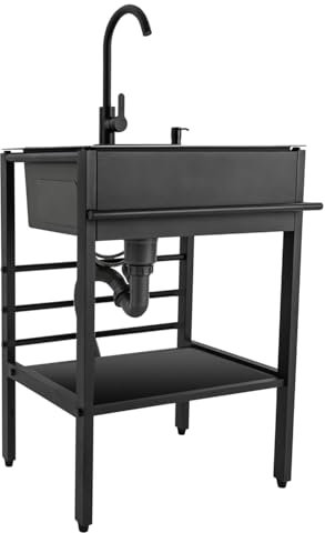 Évier inox Professionnel,Lavabo Cuve Simple Multifonction,Evier Buanderie Autoportant,Plonge Inox avec Robinet,Meuble Evier Noir pour Extérieur,Camping,Jardin55×45×86cm