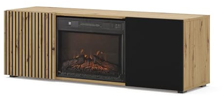 Homlando BIM Furniture TV Mueble bajo AURIS – 150 x 42 x 42 cm mueble de salón de pie, con chimenea eléctrica, frentes sin mango, espacio de almacenamiento, roble Artisan/Negro Mate
