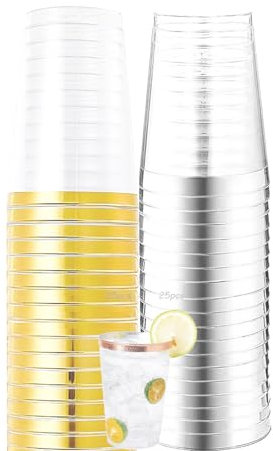 WSeltrium Lot de 50 Gobelets à Bord Doré Et Argenté, Gobelets RéUtilisables de 300 ml/10 Oz, AdaptéS Aux FêTes, Cocktails et Autres Occasions