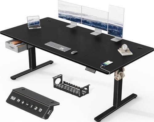 Devoko Höhenverstellbarer Schreibtisch Elektrischer, 180x80cm, Schreibtisch mit Schubladen, USB-A Ladeanschluss, Computertisch mit Kabel Management Tray, Standing Desk mit 3 Memory Funktion Schwarz