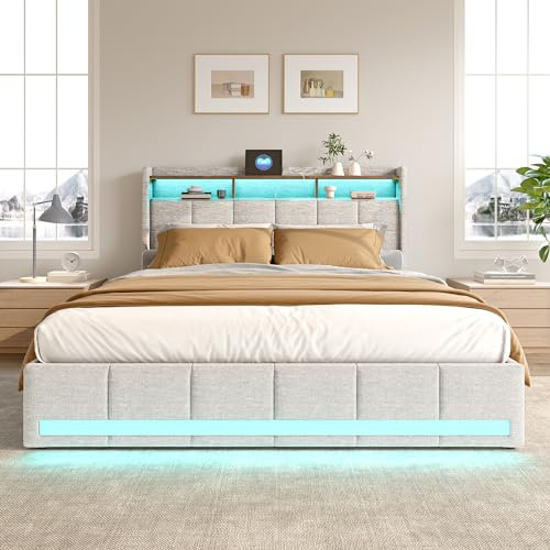 Bett 140x200, Polsterbett Doppelbett mit LED und USB, 4 Schubladen, Kopfteil mit Stauraum, Boxspringbett Bettgestell mit Lattenrost, Modern Jugendbett Erwachsenenbett, Leinen, Beige, Ohne Matratze