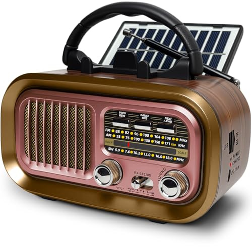 Poste Radio Portable, AM/FM/SW Radio a Pile, Rétro Radio Vintage Alimentée par des Piles Rechargeables ou D-Cell de 1200mAh avec Panneau Solaire/USB/TF