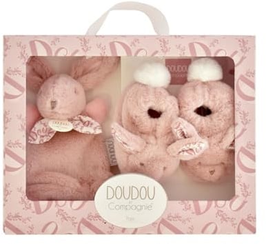 DOUDOU ET COMPAGNIE - Coffret Naissance Lapin Doudou rose avec Chaussons Bébé Coordonnés – Peluche Doudou Douce dès la Naissance – Boîte Cadeau pour Offrir – Idée Cadeau Mixte - DC4259