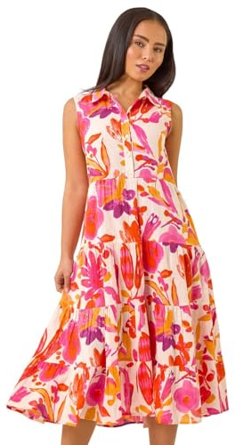 Roman Petite Cotton Pocket Tiered Midi Dress for Women UK - Ladies Everyday Holiday Spring Summer Shirt Collar Comfy Soft Evening Vacation Work Party - Pink - Size 18