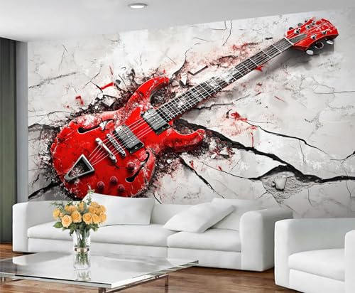 Guitar Wallpaper, Electric Guitar Peel and Stick Wallpaper for Bedroom, Music Theme Wall Paper for Living Room, Retro Red Wall Mural, Music Instrument Large Mural & Room Decor