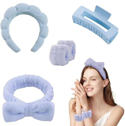 Haarband Kosmetik, 4 Stück Abschmink Haarband für Frauen Schönheit Mädchen Yoga Sport Dusche Make-up-Entfernung(Blau)